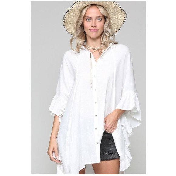 Boho Chic Ivory White Ruffle Kimono Tunic Top - Picture 2 of 5